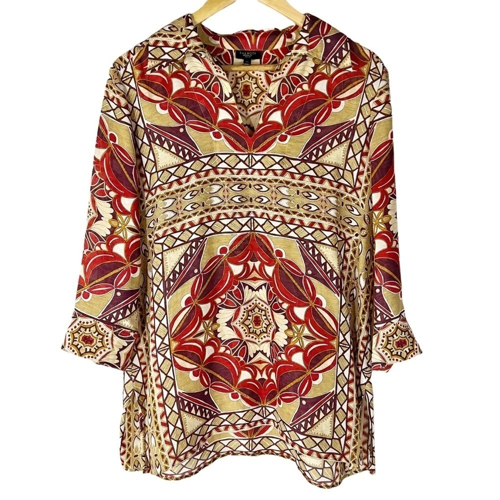 Talbots‎ Silk & Linen Red Brown Art to Wear Tunic Top 10P Office Business
